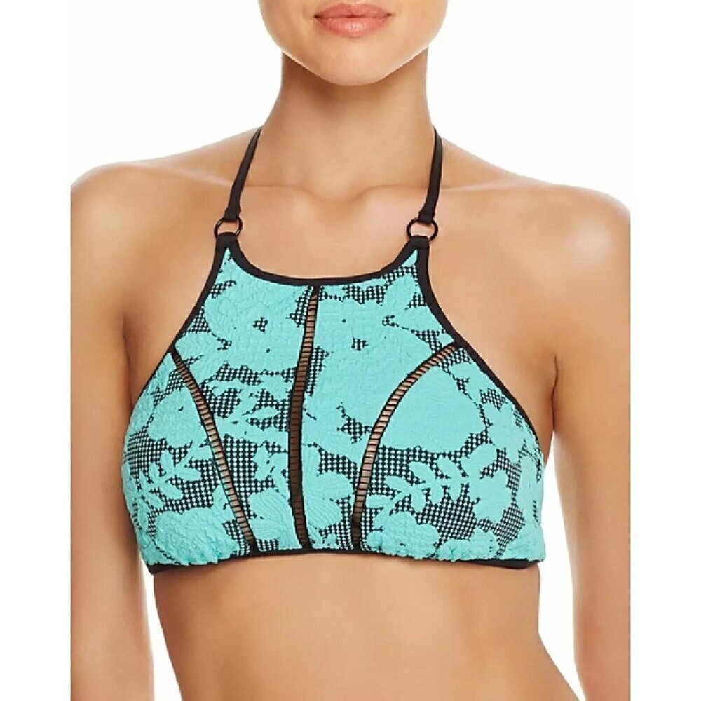 Nanette Lepore Jacquard High Neck Swim Bikini Top Size L NWT Jade Floral